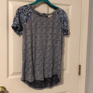 Lucky Brand patchwork floral blue tee with zipper feature EUC